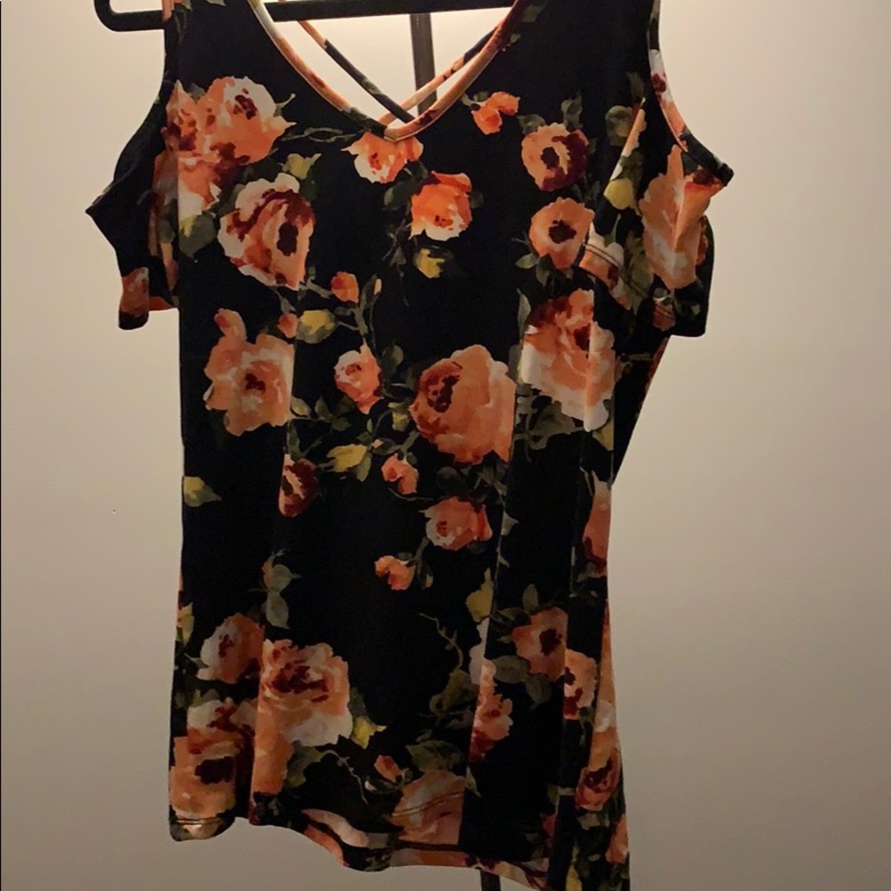 Floral/ cold shoulder with cross cross back top